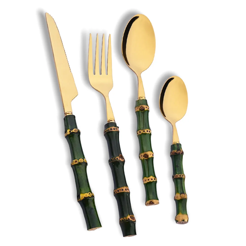 Bamboo Cutlery - 4-teiliges Besteckset mit natürlichem Bambusgriff, grüner