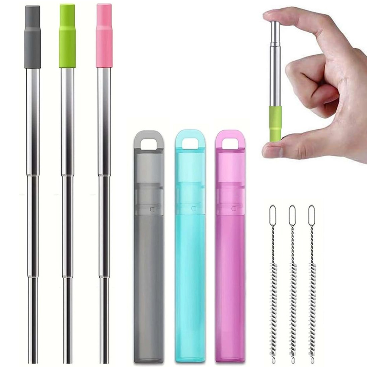 Reusable Straw - Wiederverwendbare Zusammenklappbare Edelstahl-Trinkhalme mit Silikonspitze &